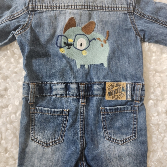 Souris Mini Denim Baby Jumpsuit 6-9M Blue Jean Overalls Romper with Dog Patch - Picture 10 of 12